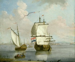 A Dutch East Indian man and a Royal Yacht in an Estuary with a Town Beyond by Francis Swaine